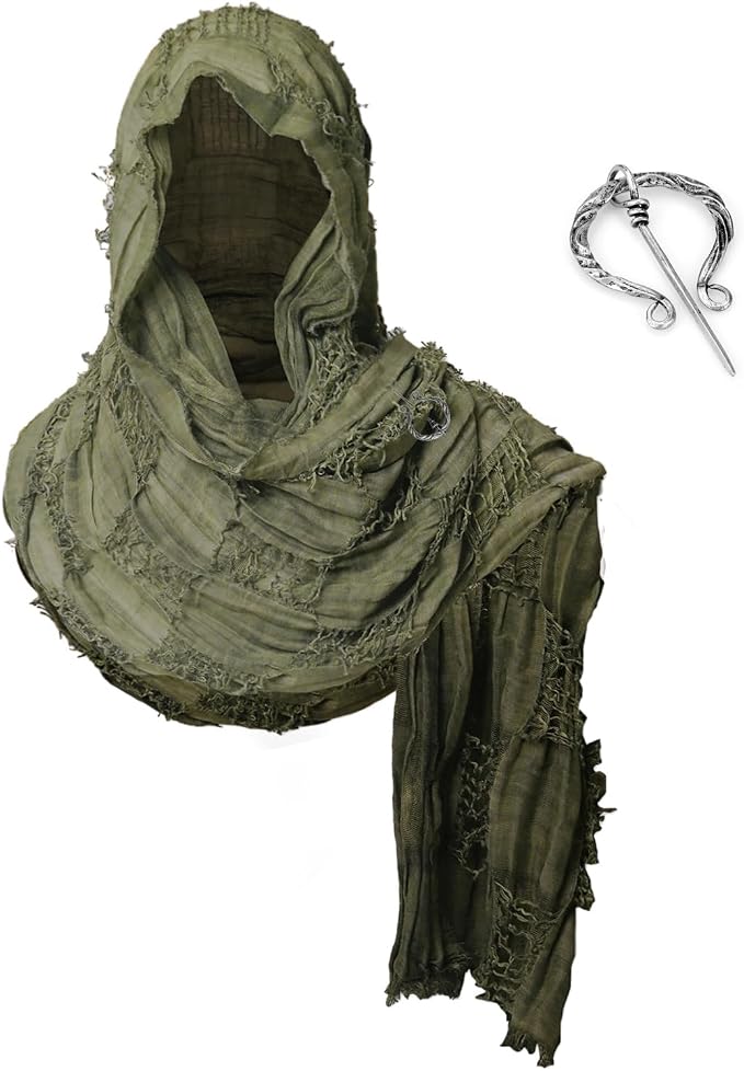 Medieval Hooded Cowl Scarf with Brooch - Green