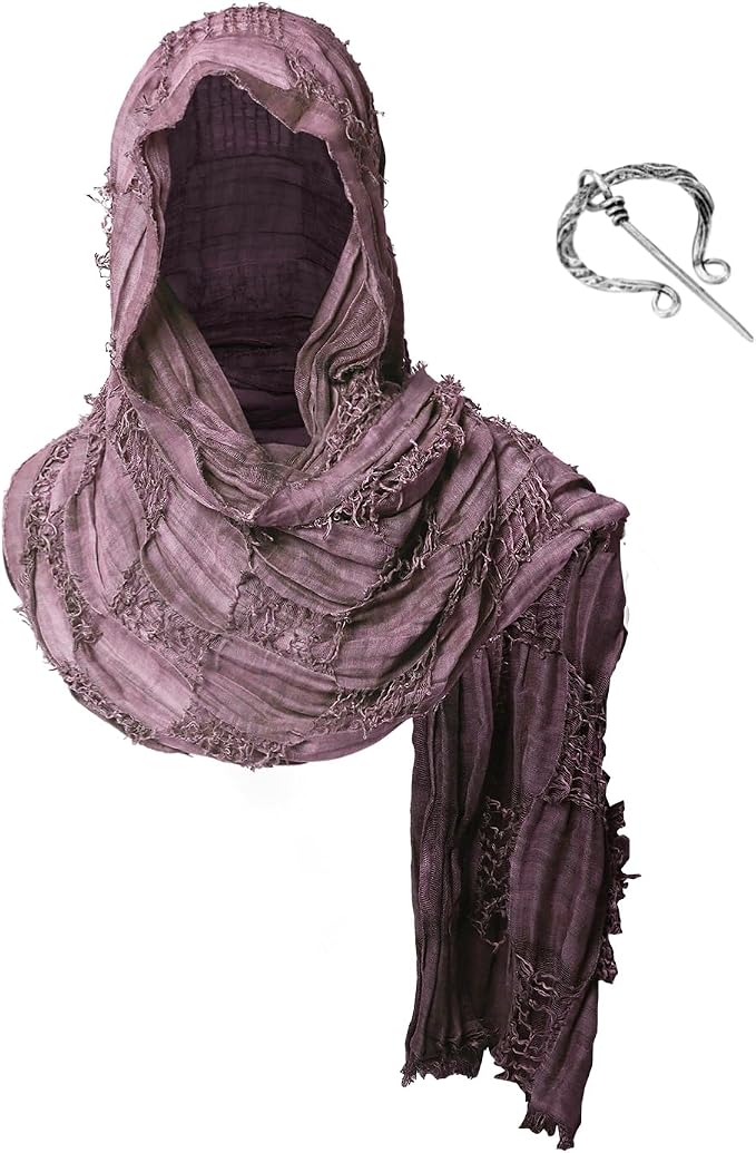 Medieval Hooded Cowl Scarf with Brooch - Red