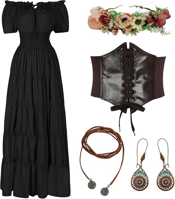 Women's 5-Piece Renaissance Fairy Costume Set - Black