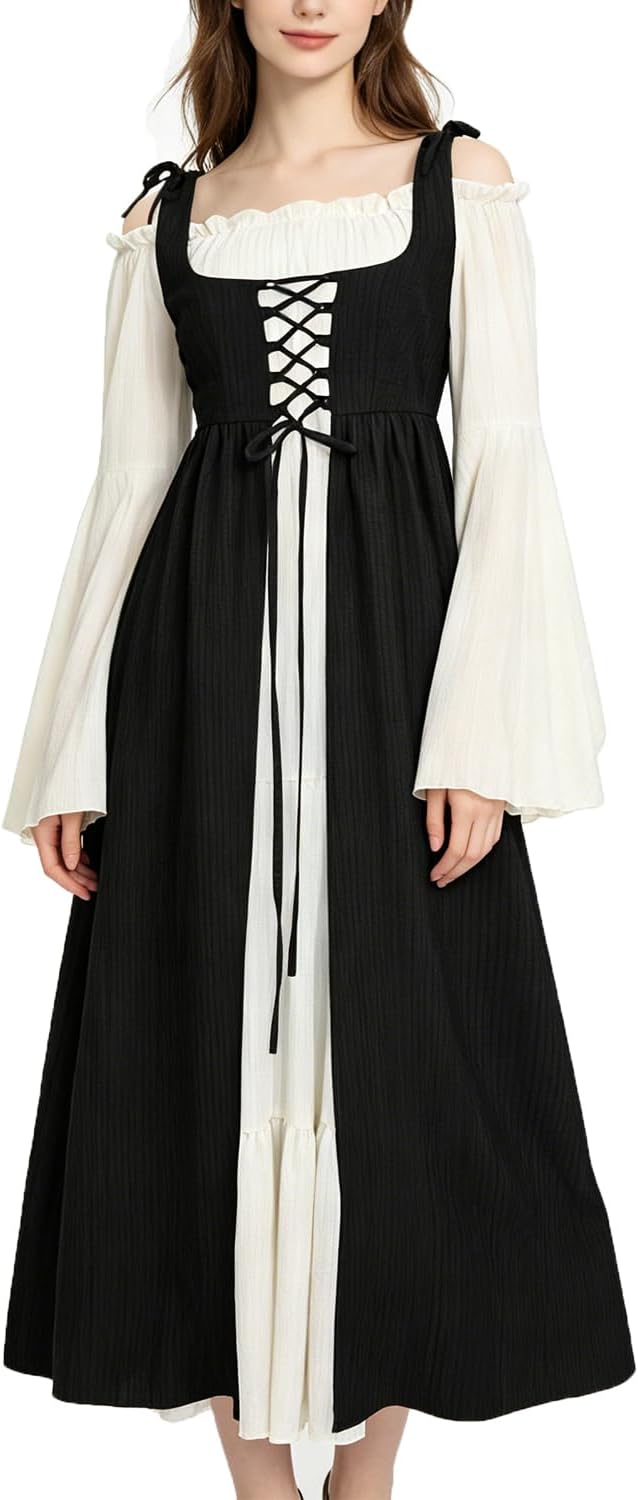 Women's Renaissance Fairy Dress with Bell Sleeves - Black