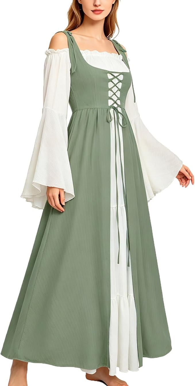 Women's Renaissance Fairy Dress with Bell Sleeves - Green