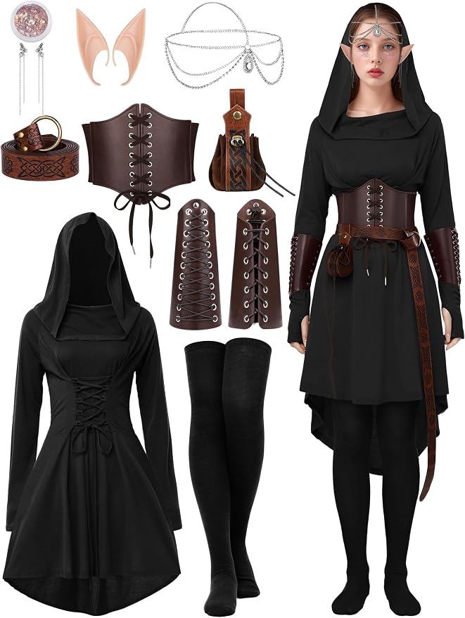 Women's 10-Piece Renaissance Fairy Costume Set - Black