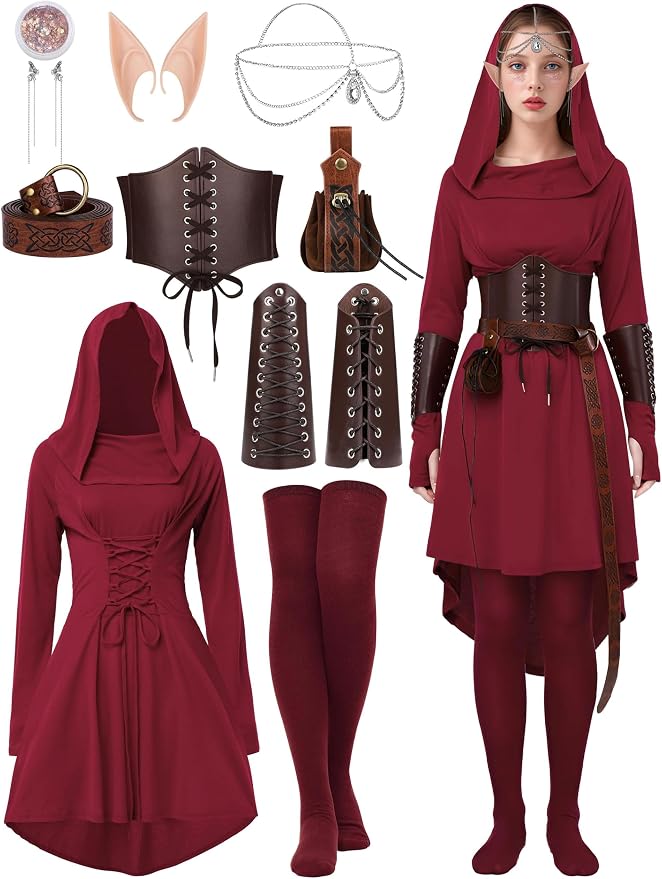 Women's 10-Piece Renaissance Fairy Costume Set - Burgundy